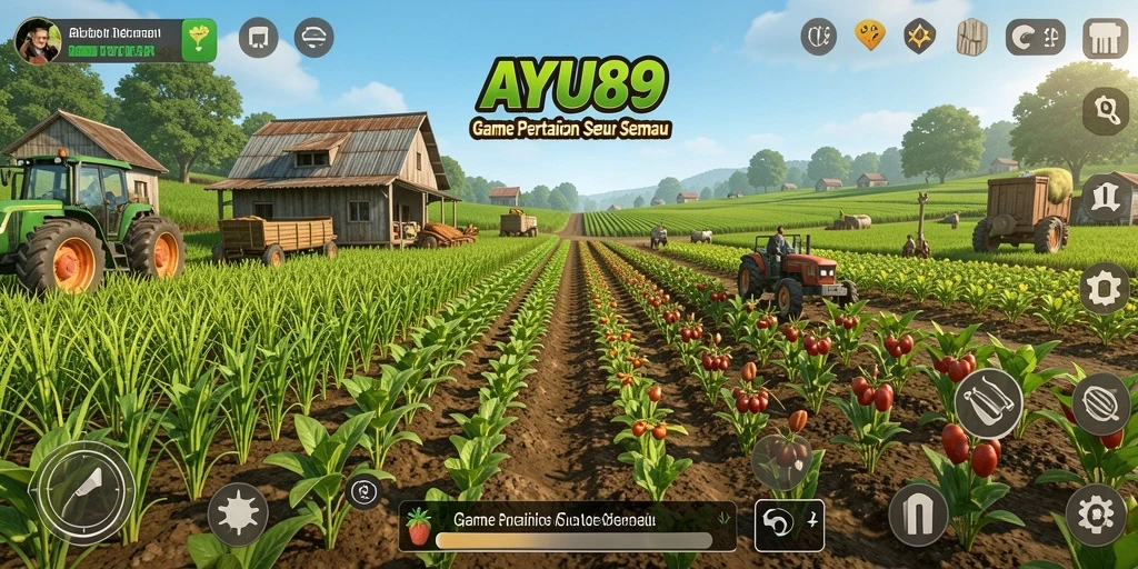 Skrinsyut gameplay AYU89 menampilkan kebun yang indah dan hewan ternak.