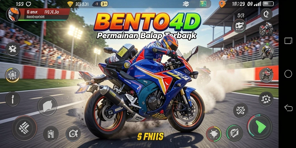Screenshot gameplay BENTO4D yang menampilkan balapan motor yang intens.