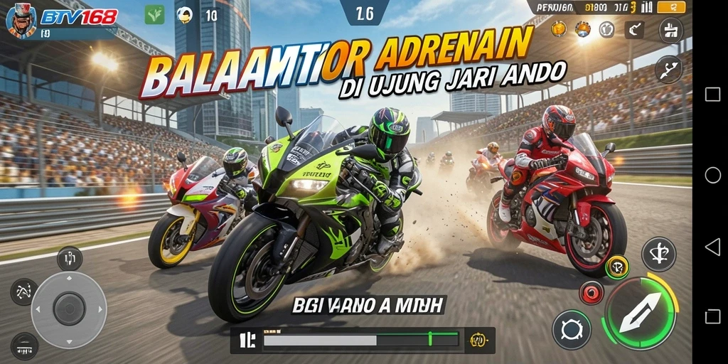 Screenshot BTV168 menunjukkan akselerasi motor di lintasan balap yang menegangkan.