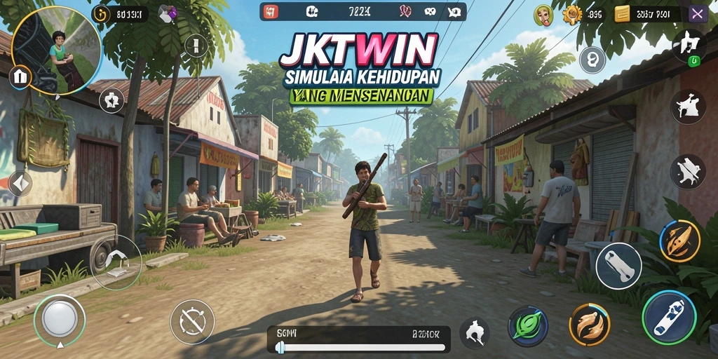 Tangkapan layar gameplay JKTWIN memperlihatkan interaksi karakter yang hidup dan dinamis.