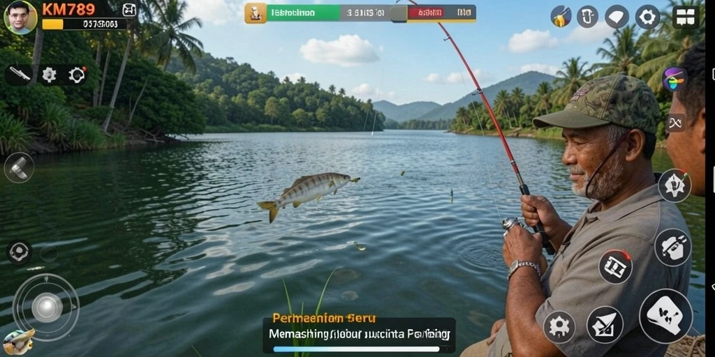 Tampilan gameplay KM789 yang menarik saat memancing di lokasi indah.