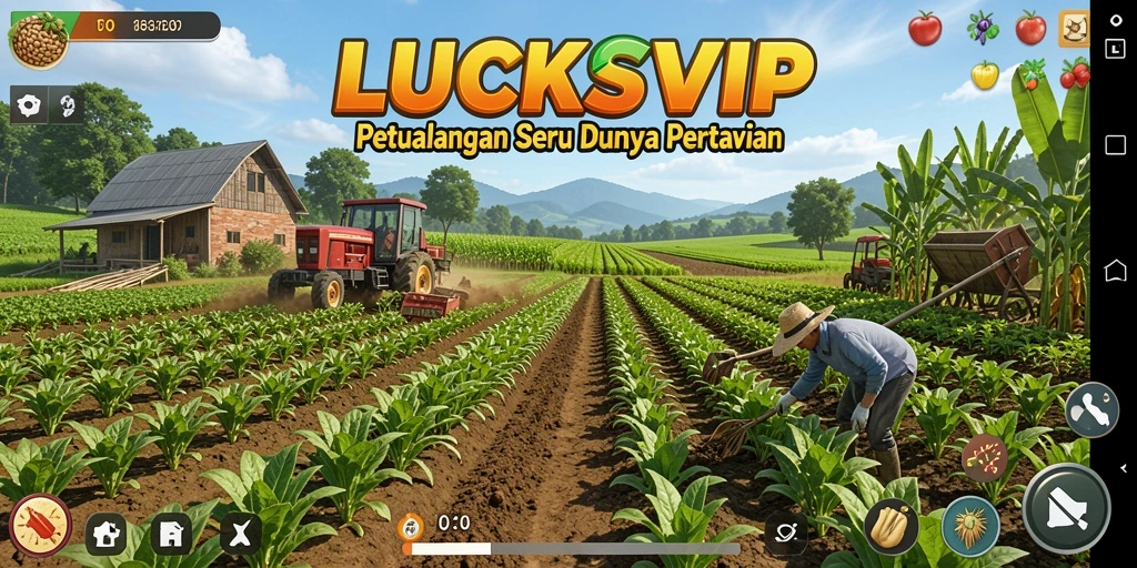Screenshot gameplay LUCKSVIP yang menunjukkan kebun indah dan aktivitas pertanian.