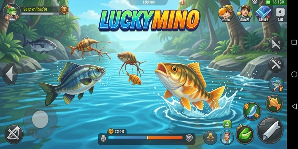 Gameplay menyenangkan menampilkan pengalaman memancing yang seru di LUCKYMINO.