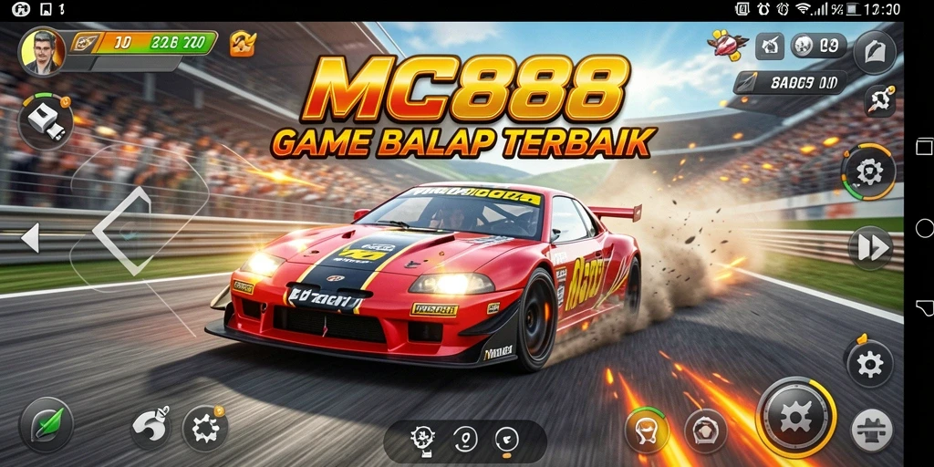 Screenshot gameplay MC888 menunjukkan mobil melaju di lintasan balap yang menegangkan.