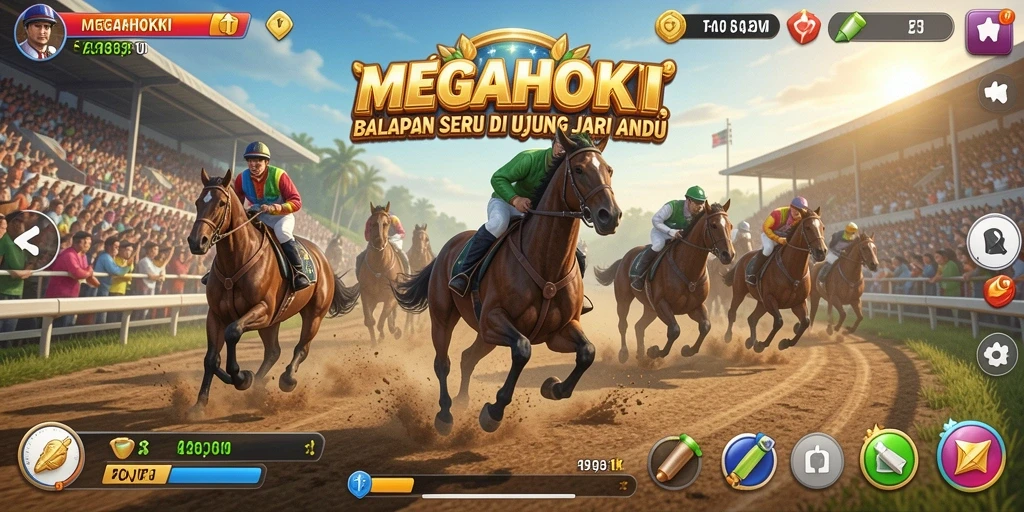 Gameplay seru MEGAHOKI dengan mobil balap yang beraksi di trek.