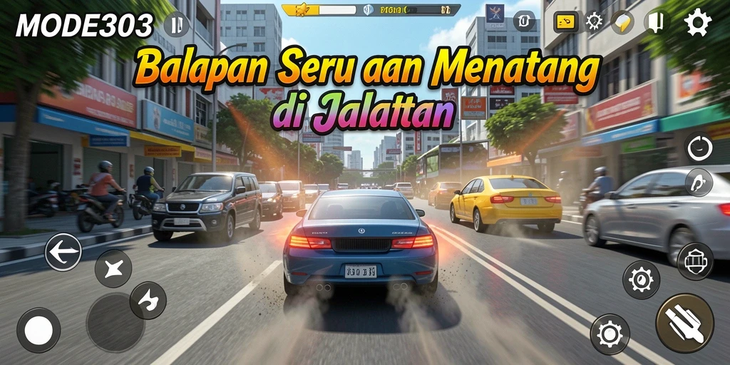 Tangkapan layar MODE303 menampilkan aksi balapan yang intens dan cepat.