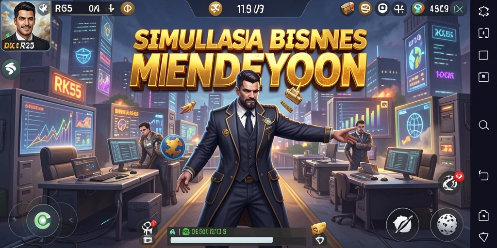 Screenshot RK55 menampilkan gameplay manajemen bisnis yang dinamis.